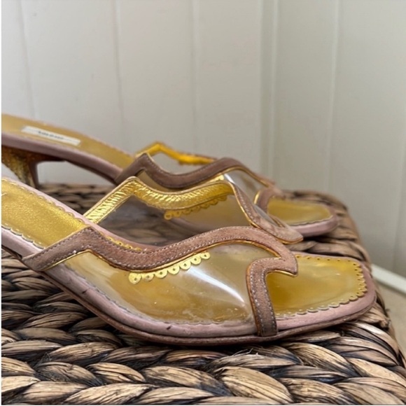 Prada Gold Suede Trimmed Textured Lucite Heeled Mules - Picture 14 of 14